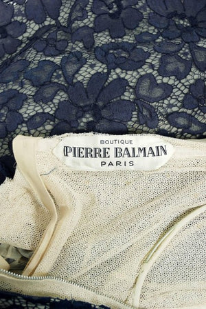 1959 Pierre Balmain Paris Navy Lace Illusion Strapless Cocktail Dress Ensemble