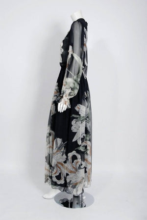 1977 Hanae Mori Couture Black Floral Print Silk-Chiffon Goddess Gown w/Tags