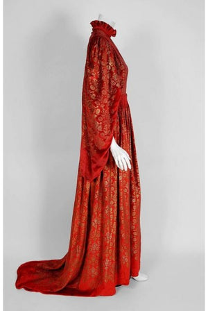 1920's Gallenga Couture Metallic Stenciled Red Velvet Angel-Sleeve Trained Gown