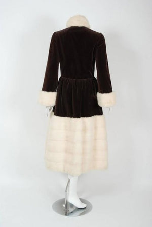 1970 Norman Norell Documented Brown Velvet & Ivory-White Mink Fur Princess Coat
