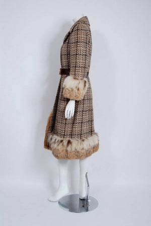 1970 Christian Dior Documented Wool Tweed & Lynx Fur Belted Princess Coat