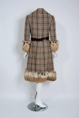 1970 Christian Dior Documented Wool Tweed & Lynx Fur Belted Princess Coat