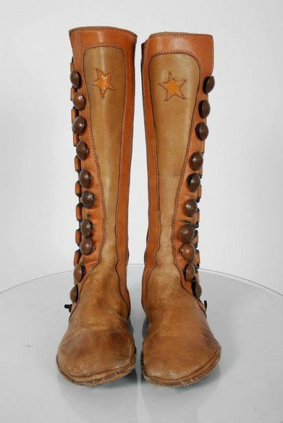 1960's Handmade Bohemian Brown Leather Hippie Star-Applique Flat Moccasin Boots