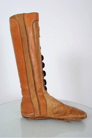 1960's Handmade Bohemian Brown Leather Hippie Star-Applique Flat Moccasin Boots