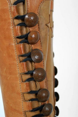 1960's Handmade Bohemian Brown Leather Hippie Star-Applique Flat Moccasin Boots