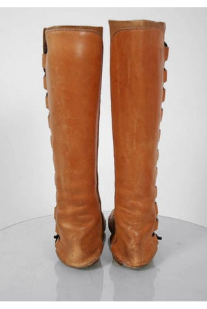 1960's Handmade Bohemian Brown Leather Hippie Star-Applique Flat Moccasin Boots
