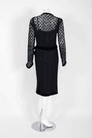 1973 Chanel Haute-Couture Black Guipure Lace & Velvet Illusion Cocktail Dress