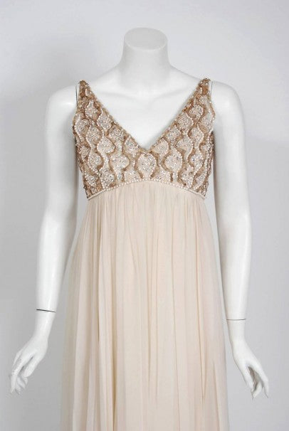 1960's Malcolm Starr Beaded Ivory-Creme Silk Chiffon Empire Plunge Goddess Gown