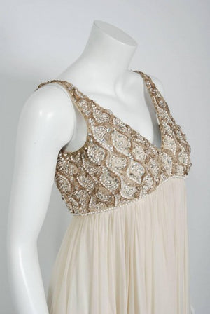 1960's Malcolm Starr Beaded Ivory-Creme Silk Chiffon Empire Plunge Goddess Gown