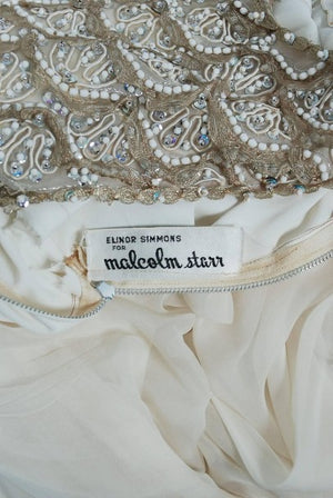 1960's Malcolm Starr Beaded Ivory-Creme Silk Chiffon Empire Plunge Goddess Gown