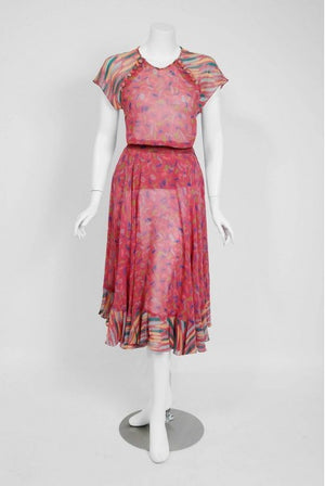 1976 Ossie Clark for Radley Pink Celia Birtwell Print Crepe Flutter Dress Set