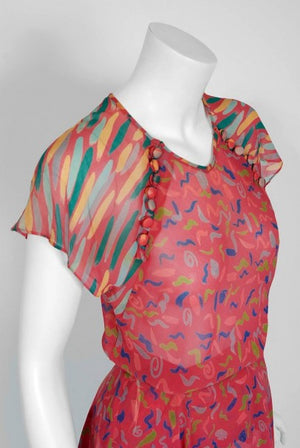 1976 Ossie Clark for Radley Pink Celia Birtwell Print Crepe Flutter Dress Set