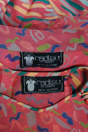1976 Ossie Clark for Radley Pink Celia Birtwell Print Crepe Flutter Dress Set