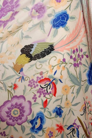 1971 Missoni Couture Colorful Floral Bird Print Silk-Jersey Fringe Caftan Gown