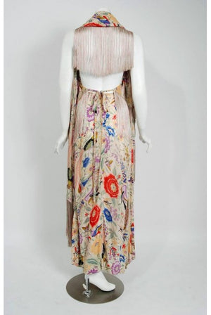 1971 Missoni Couture Colorful Floral Bird Print Silk-Jersey Fringe Caftan Gown