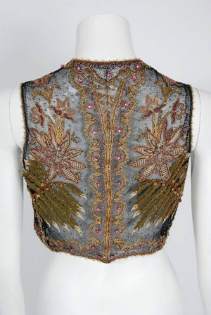 1910 Edwardian Antique Embroidered Beaded Floral Motif Net Art-Nouveau Vest