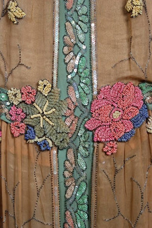 1925 Henri Bendel Couture Colorful Beaded Floral Silk & Lame Flapper Deco Dress