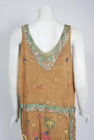 1925 Henri Bendel Couture Colorful Beaded Floral Silk & Lame Flapper Deco Dress