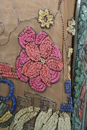 1925 Henri Bendel Couture Colorful Beaded Floral Silk & Lame Flapper Deco Dress