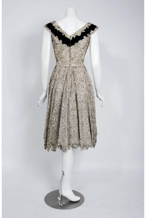 1955 Elizabeth Arden Couture Ivory Lace & Black Velvet Scalloped Party Dress