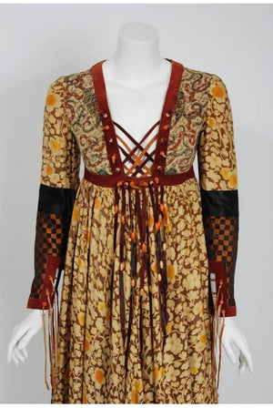 1970 Bill Gibb Iconic Bohemian Floral Silk and Suede Fringe Lace-Up Gypsy Dress