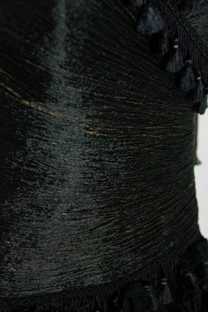 1991 Zandra Rhodes Black Tulle Tassel Fringe Bare Shoulder High-Low Gothic Gown