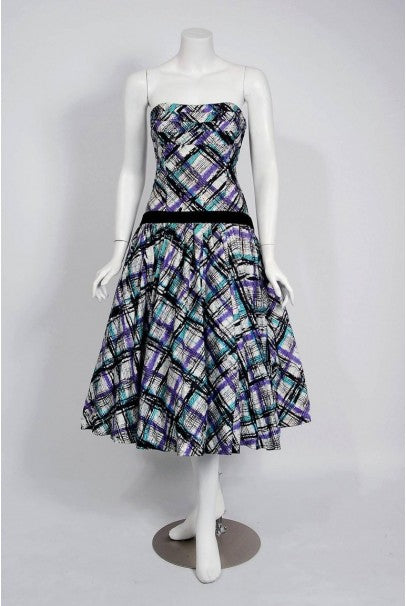 1950's Graphic Plaid Print Cotton Strapless Shelf-Bust Bustle Back Dress & Shawl