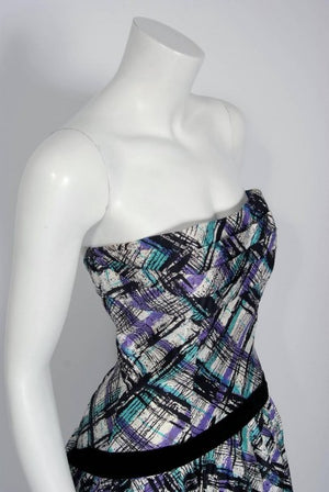 1950's Graphic Plaid Print Cotton Strapless Shelf-Bust Bustle Back Dress & Shawl