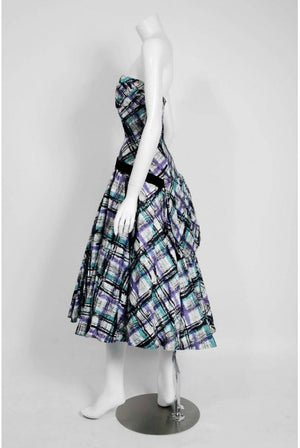 1950's Graphic Plaid Print Cotton Strapless Shelf-Bust Bustle Back Dress & Shawl
