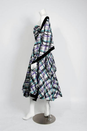 1950's Graphic Plaid Print Cotton Strapless Shelf-Bust Bustle Back Dress & Shawl