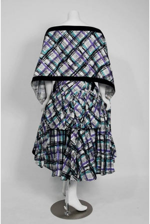 1950's Graphic Plaid Print Cotton Strapless Shelf-Bust Bustle Back Dress & Shawl