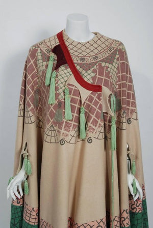 1970 Zandra Rhodes Couture Graphic Print Wool Bohemian Tassels Full-Length Cape