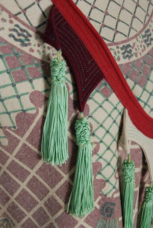 1970 Zandra Rhodes Couture Graphic Print Wool Bohemian Tassels Full-Length Cape