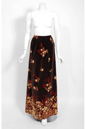 1977 Valentino Novelty Acorn Berry Print Velvet Swing Jacket and Maxi Skirt Set