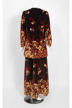 1977 Valentino Novelty Acorn Berry Print Velvet Swing Jacket and Maxi Skirt Set
