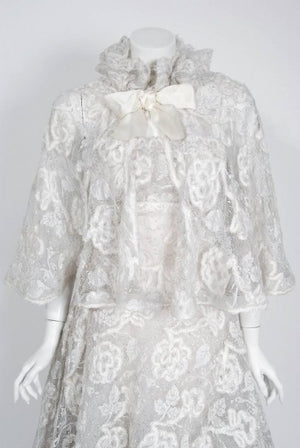 1960’s Arnold Scaasi Couture White Embroidered Floral Lace Strapless Tiered Gown & Capelet