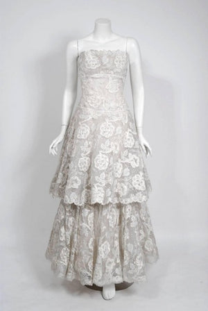 1960’s Arnold Scaasi Couture White Embroidered Floral Lace Strapless Tiered Gown & Capelet