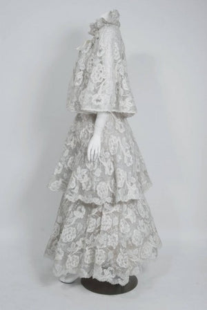 1960’s Arnold Scaasi Couture White Embroidered Floral Lace Strapless Tiered Gown & Capelet