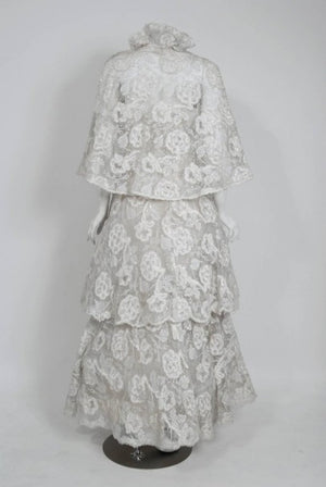 1960’s Arnold Scaasi Couture White Embroidered Floral Lace Strapless Tiered Gown & Capelet