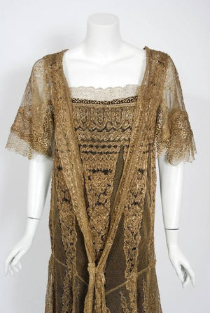 1920's Oppenheim Collins Couture Metallic-Gold Lace Tiered Flutter Evening Dress