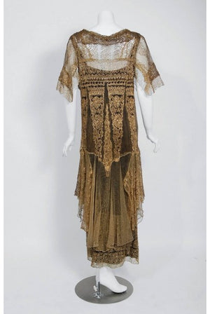 1920's Oppenheim Collins Couture Metallic-Gold Lace Tiered Flutter Evening Dress