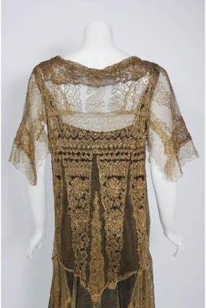 1920's Oppenheim Collins Couture Metallic-Gold Lace Tiered Flutter Evening Dress