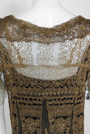 1920's Oppenheim Collins Couture Metallic-Gold Lace Tiered Flutter Evening Dress