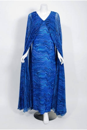 1970's La Mendola Novelty Butterfly Print Blue Purple Silk-Jersey Caftan Gown