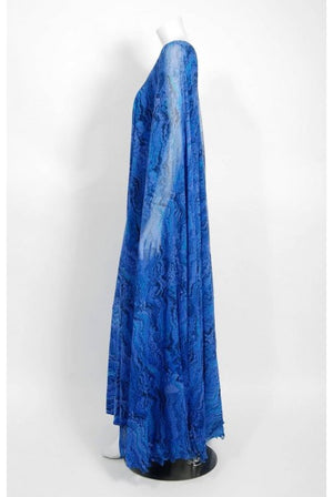 1970's La Mendola Novelty Butterfly Print Blue Purple Silk-Jersey Caftan Gown