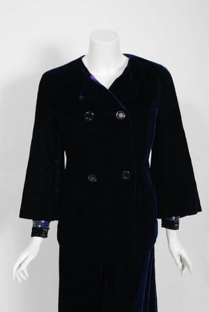 1971 Pierre Balmain Haute-Couture Graphic Beaded Blue Velvet Jumpsuit & Jacket