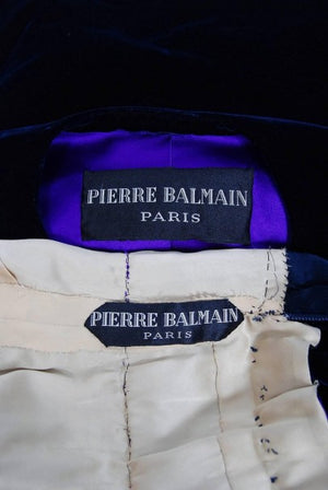 1971 Pierre Balmain Haute-Couture Graphic Beaded Blue Velvet Jumpsuit & Jacket
