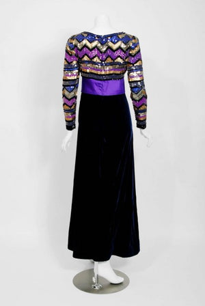 1971 Pierre Balmain Haute-Couture Graphic Beaded Blue Velvet Jumpsuit & Jacket