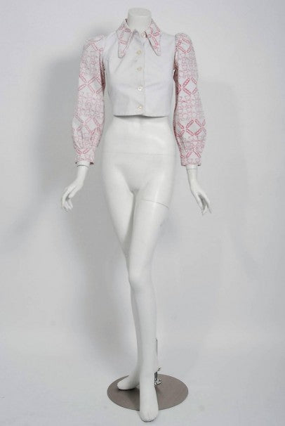 1968 Zandra Rhodes Couture Teddy Bear Novelty Print White Denim Cropped Jacket