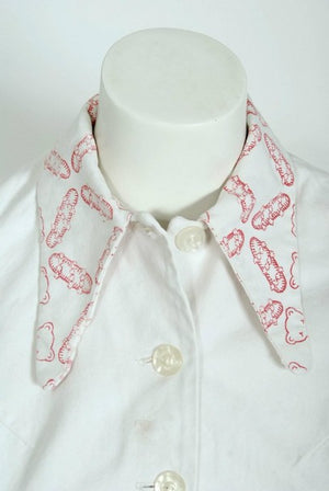 1968 Zandra Rhodes Couture Teddy Bear Novelty Print White Denim Cropped Jacket